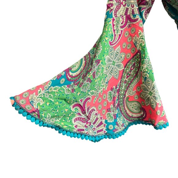 Pom Pom Lace Wrap Paisley Print Cropped Blouse Top Women's Multicolor Hippie - Picture 3 of 6